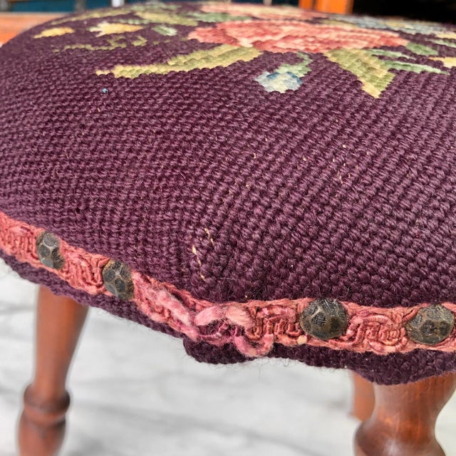 Antique Farmhouse Country Floral Needlepoint Maple Milking Footstool For Sale - Image 6 of 11