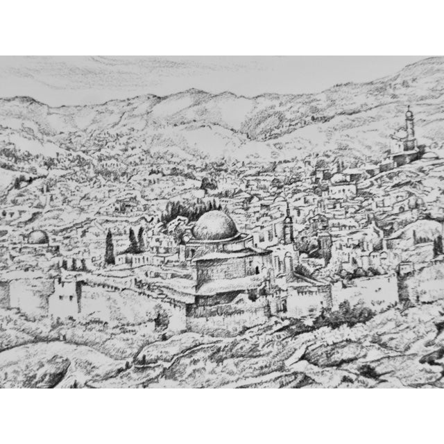 A beautifully rendered panoramic view of Jerusalem in sweeping black and white, this lithograph by Anna Ticho captures the...