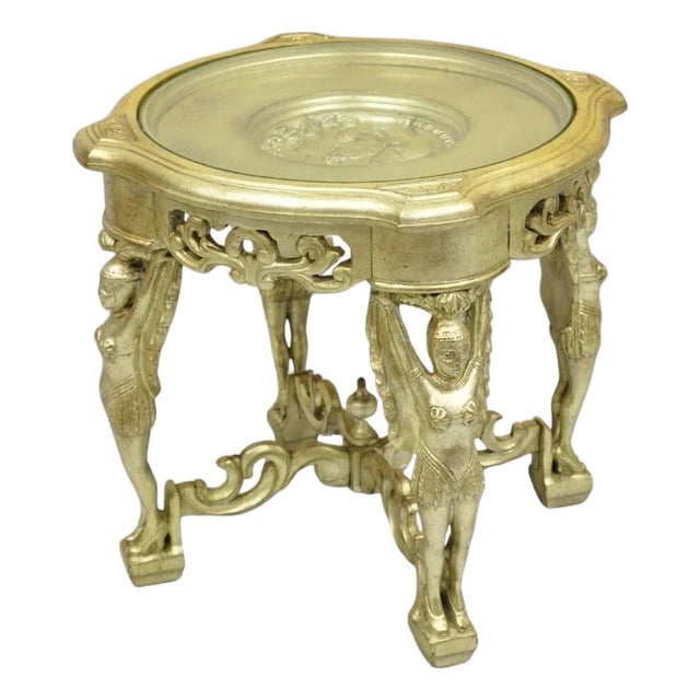 Vintage Art Deco Carved Female Dancer Silver Gold Round Coffee Side Table For Sale