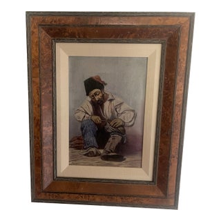 1920s Folk Art Turkish Cobbler (Köşker) Oil Painting & Larson Juhl Burl Wood Frame For Sale