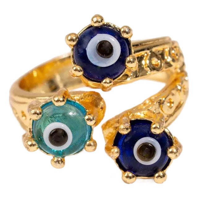 Divine Trio Evil Eye Adjustable Gold Ring, Size 4 For Sale