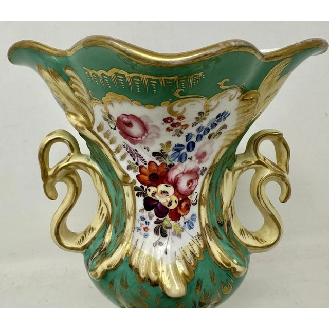 Antique Pair English Porcelain Green Samuel Alcock Vases Urns Still Life Flowers For Sale - Image 6 of 12