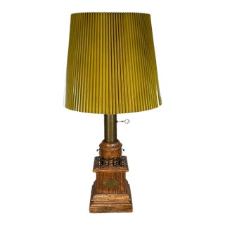Antique Victorian Converted Brass Column Lamp on Wood Base With 1786 Plaque For Sale