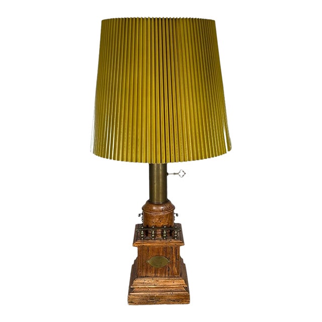 Antique Victorian Converted Brass Column Lamp on Wood Base With 1786 Plaque For Sale