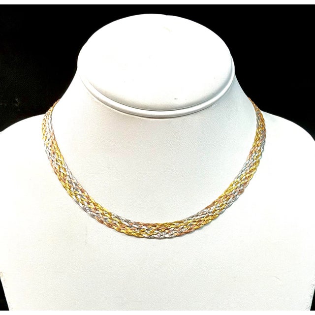 14k Yellow, White, and Rose Gold Woven Necklace Vintage For Sale - Image 11 of 11