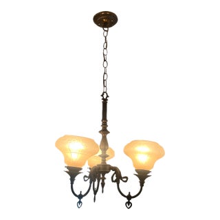 1920s Spanish Revival Cast Metal Three-Light Chandelier With Frosted Glass Shades For Sale