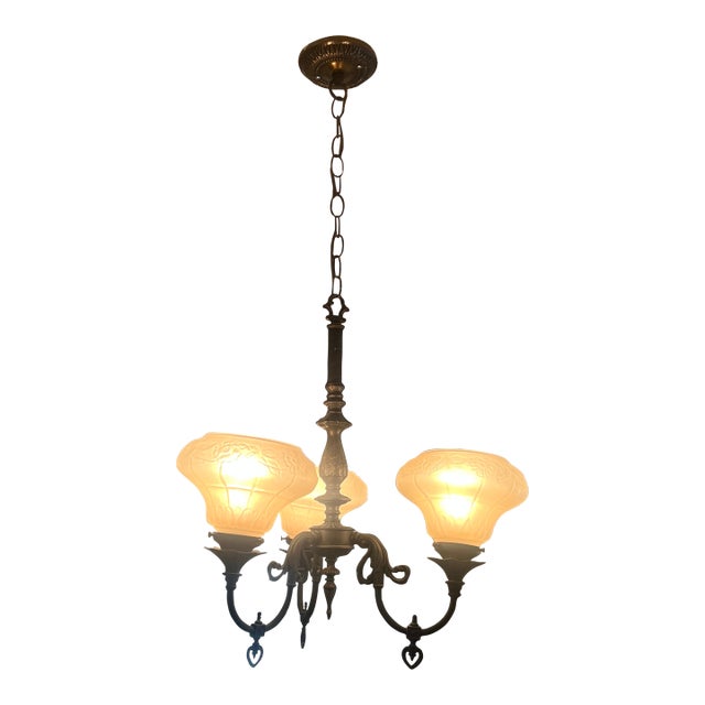 1920s Spanish Revival Cast Metal Three-Light Chandelier With Frosted Glass Shades For Sale