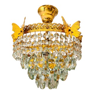 Vintage Brass Butterfly Flush Mount Light, Vintage Hand-Painted Light Green Crystal Basket Chandelier, Dramatic Radial Shadow Display For Sale