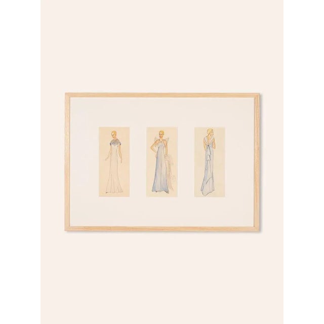 Original fashion drawings from the 1920s in a set of 3. Colored pencil drawings on paper. Ready to hang framed with passe-...