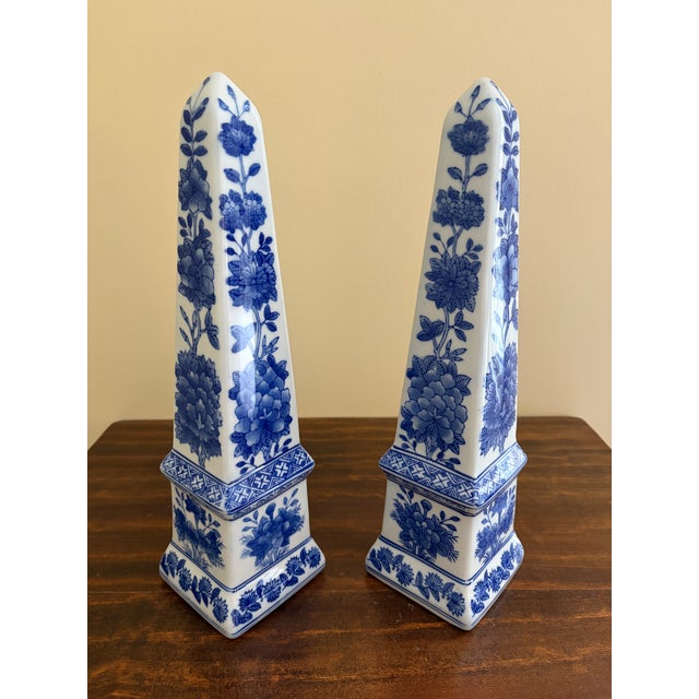 Neoclassical French Country Porcelain Blue and White Obelisks, Pair For Sale In South Bend - Image 6 of 8