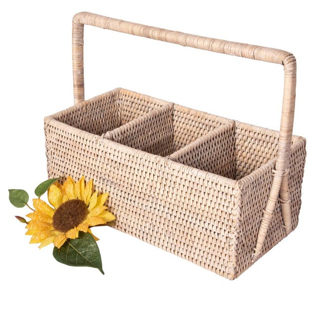 Artifacts Rattan 3 Section Caddy/Cutlery Holder with Handle in White Wash For Sale - Image 9 of 10