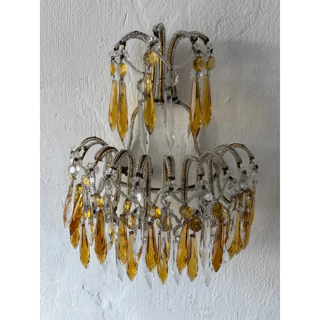 Italian Micro Beaded Yellow Amber & Clear Loaded Crystal Sconces, Circa 1920 For Sale - Image 10 of 11