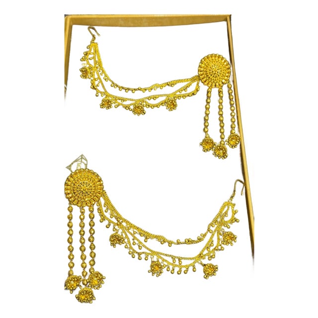 22k Gold Drop Earrings With 'Attached' Champasaralu / Ear Chains, 72 Gm For Sale