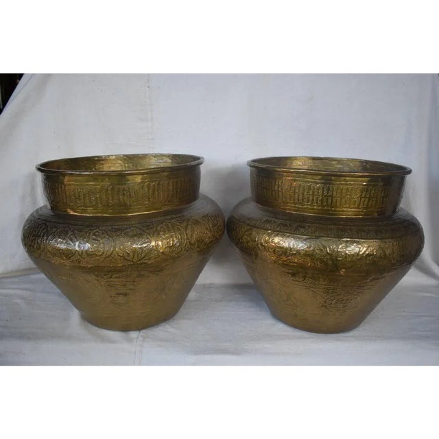 Vintage Syrian Brass Hand-Etched Cachepots - a Pair For Sale - Image 11 of 13
