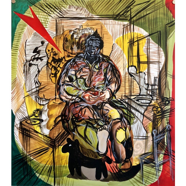 Sandro Chia, Large lithograph Italian Post Modernist Bright Figurative Pop Art Figure w Dog, 1990 For Sale