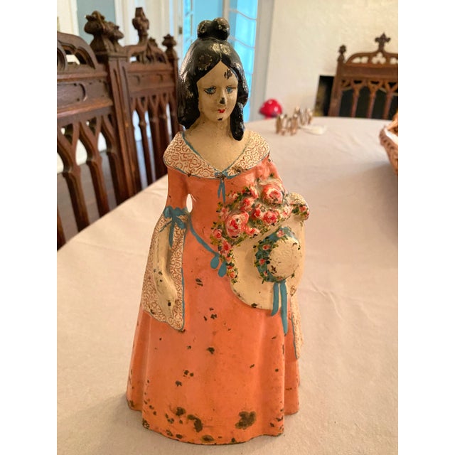 American 1915 National Foundry Cast Iron Antique Lady With Hat and Flowers Doorstop For Sale - Image 3 of 7