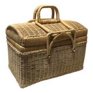 1970s Wicker Suitcase Style Basket With Hinged Lid For Sale