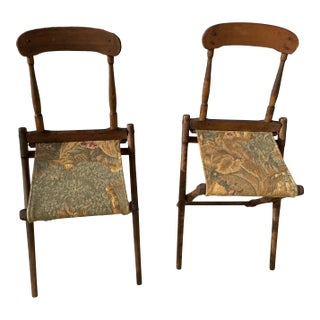 Antique Tapestry Folding Campaign Chairs - a Pair For Sale