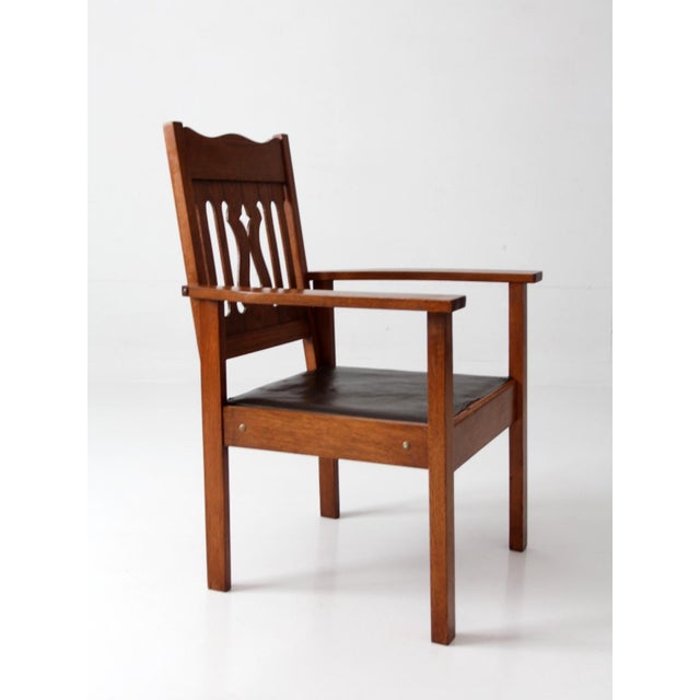 Brown Antique Arts and Crafts Mission Oak Armchair For Sale - Image 8 of 14