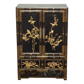 Vintage Oriental Chinese Chinoiserie Black Lacquer Cabinet W Drawers 1of2 For Sale