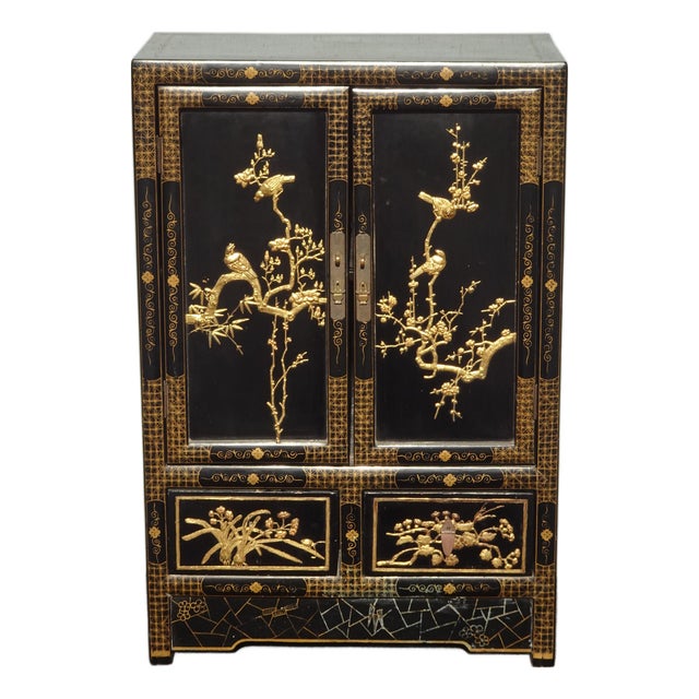 Vintage Oriental Chinese Chinoiserie Black Lacquer Cabinet W Drawers 1of2 For Sale