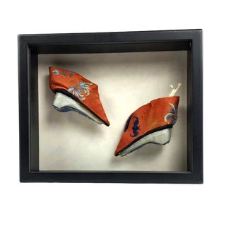 Antique Chinese Silk Embroidered Shoes in Glass Box For Sale