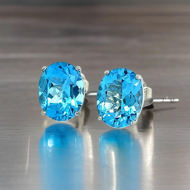 Traditional Natural Blue Topaz Stud Earrings 14k White Gold 5.79 TW Certified For Sale - Image 3 of 14
