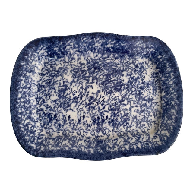 Antique Spongeware Serving Platter - Blue and White Pottery For Sale