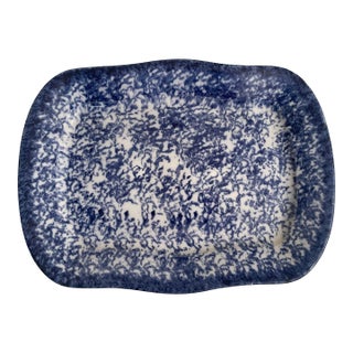 Antique Spongeware Serving Platter - Blue and White Primitive Pottery For Sale