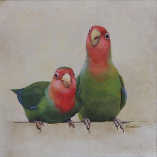 Two Lovebirds by Linda Tracey Brandon | Oil on aluminum panel of two colorful lovebirds. For Sale