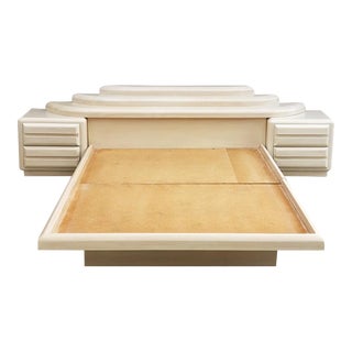1980's Washed Oak Bohemian Queen Platform Bed Set For Sale