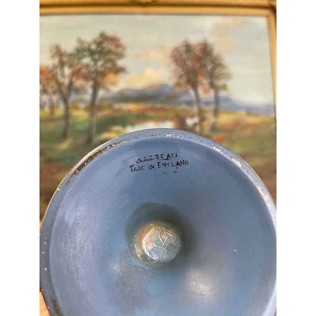 Blue Vintage English Hand-Painted Pedestal Vase With Scenic Silhouette, Marked Made in England For Sale - Image 8 of 10