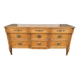 Vintage 9-Drawer Neoclassical Fruitwood and Burl Dresser For Sale