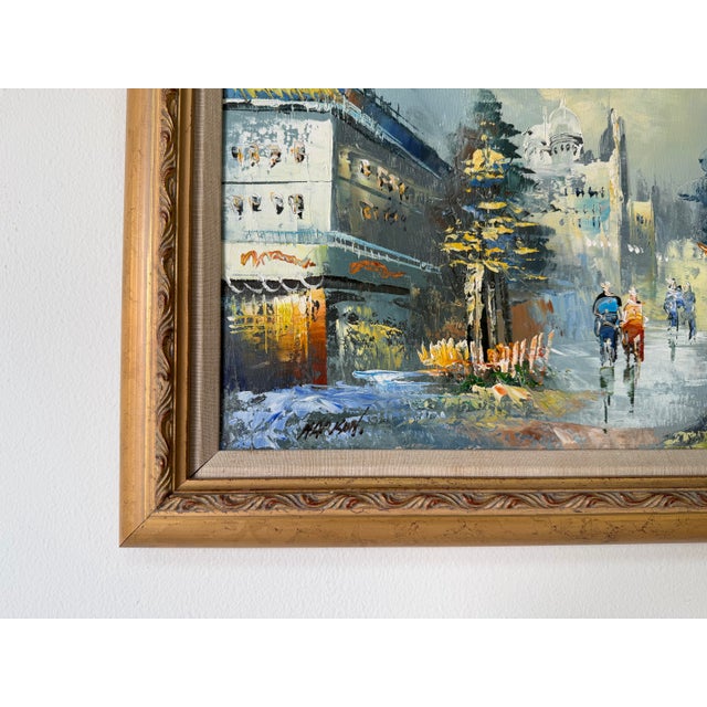 Green Vintage Parisian Street Scene Oil on Canvas Painting by Harison – Wood Framed For Sale - Image 8 of 11