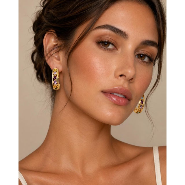 Italian 14k hoop earrings set with multi color gemstones. 17.95 grams