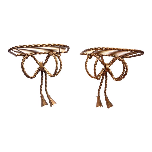 Pair of Vintage Italian Gilt Metal Rope & Bow Wall Shelves — Hollywood Regency, 1960s–70s For Sale