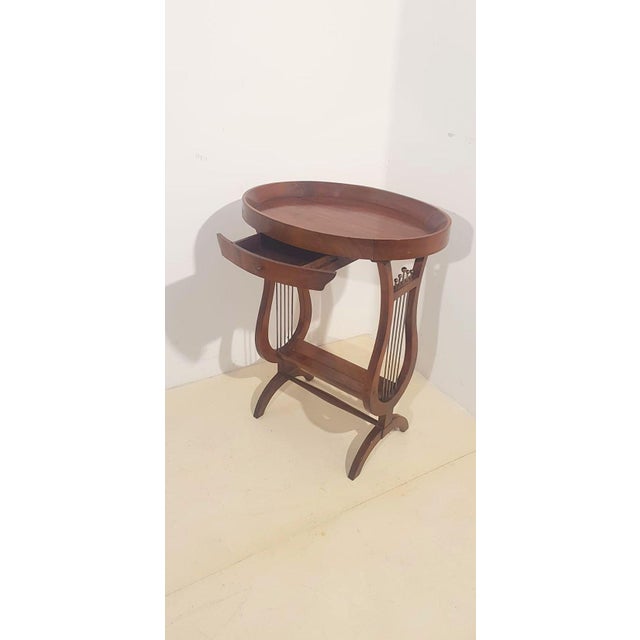 Brown Vintage French Side Table with Lyre-Shaped Legs and Oval Tray Top For Sale - Image 8 of 10