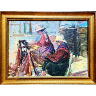 Nguyen Van Binh-Cirlot, Mending the Fish Nets, 1960s, Oil on Board, Framed For Sale