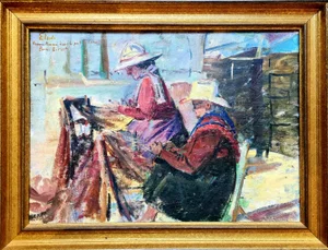 Nguyen Van Binh-Cirlot, Mending the Fish Nets, 1960s, Oil on Board, Framed