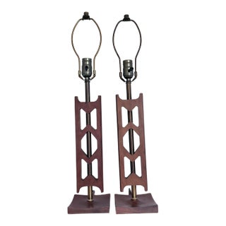 Mid-Century Modern Sculptural Cutout Walnut Table Lamps - Pair For Sale