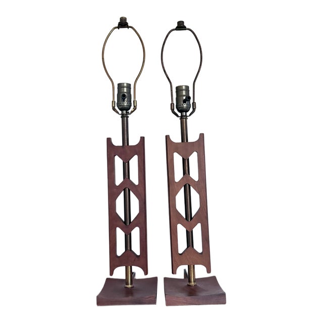 Mid-Century Modern Sculptural Cutout Walnut Table Lamps - Pair For Sale