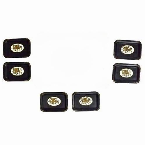 Set of six small vintage tole musical-theme trays. Musical-themed composition at the center of each with floral and leaf...
