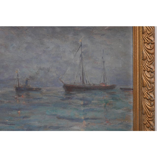 Blue Herman Van Den Berghe, Marine Seascape with Sailing Ships, 1890s, Oil on Canvas For Sale - Image 8 of 11
