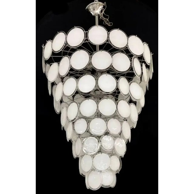 Mid-Century Modern Pair Murano Disc Mid-Century Modern Tiered Chandelier, Antique Brass, Monumental For Sale - Image 3 of 13