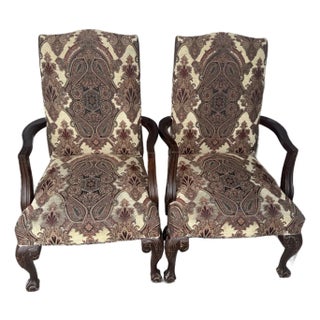 2 Vintage Queen Anne Accent Chairs, Paisley Tapestry Armchairs, Cabriole Legs For Sale
