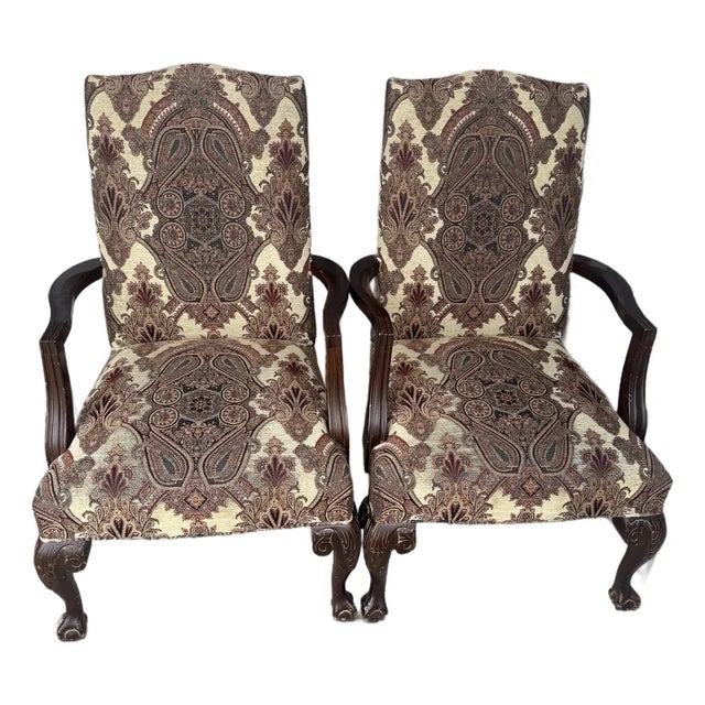 2 Vintage Queen Anne Accent Chairs, Paisley Tapestry Armchairs, Cabriole Legs For Sale