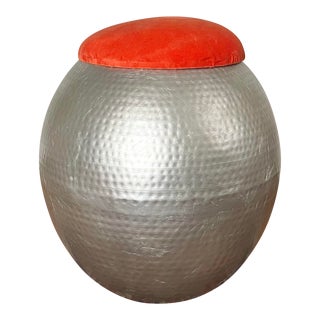 Worlds Away Silver Leaf Stool With Orange Fabric Cushion For Sale