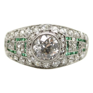 1920s Art Deco Platinum Diamond Emerald and Pave Diamond Ring, Size 7.5 For Sale