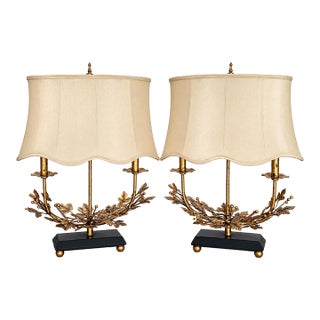 Vintage Bronze Color Toleware Metal Leaf Design Bouillotte Style Lamps With Raw Silk Scalloped Shades for Shallow Space, a Pair For Sale
