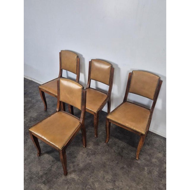 Chairs in Oak and Studded Imitation Leather, 1940s, Set of 4, in Very Good conditions. Designed 1920 to 1949